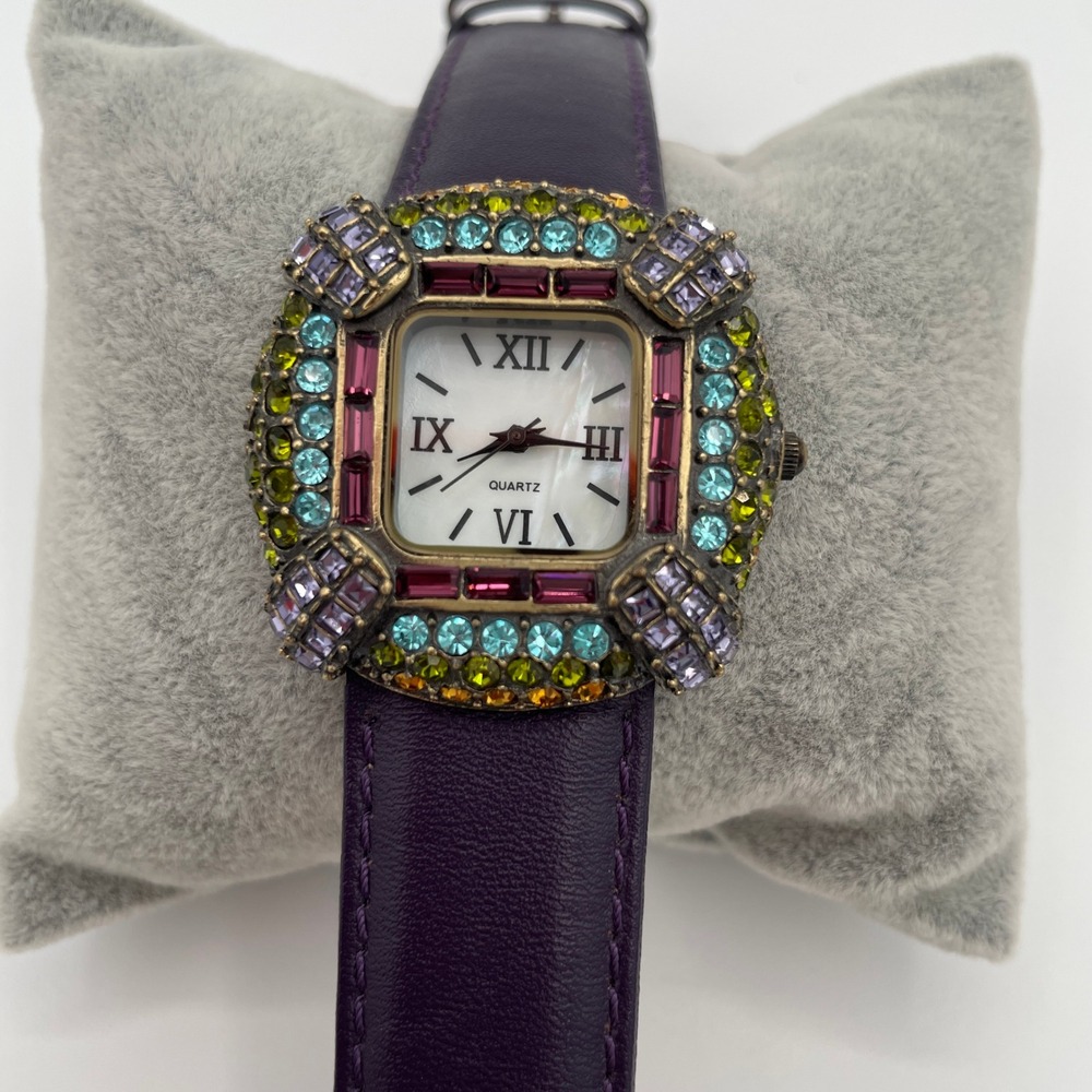 LA Vintage Leather Gemstone Womens Watch Purple Gold Tone Deco Style